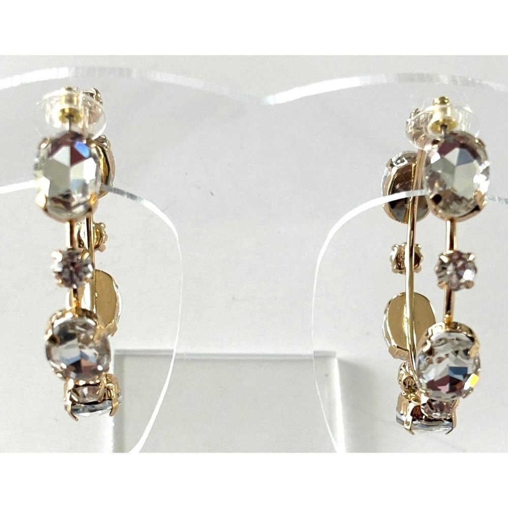 Gold Tone Oversized Crystal Hoop Earrings Clear Oval Faceted Statement Hoops